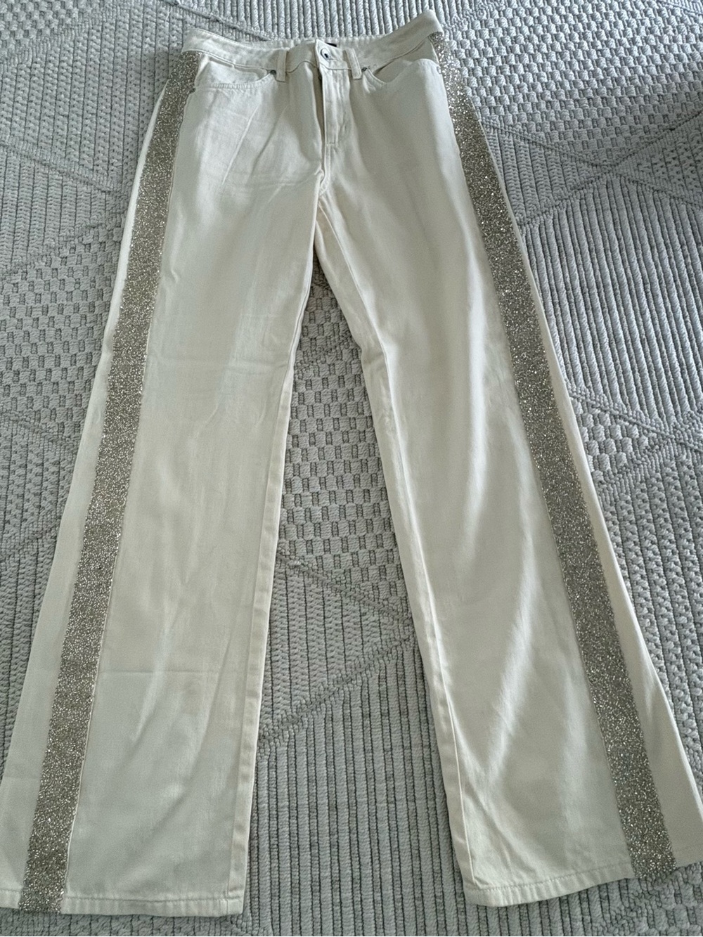 Sanctuary Cream Flare Jeans with Silver Sequin Side Stripes